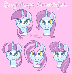 Size: 3000x3100 | Tagged: safe, artist:leopardsnaps, oc, oc only, oc:nurse brighthope, pony, unicorn, alternate hairstyle, head only, heart, heart eyes, high res, looking at you, multicolored hair, pink background, simple background, solo, wingding eyes