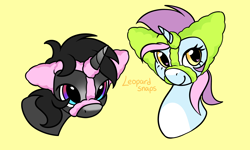 Size: 3000x1800 | Tagged: safe, artist:leopardsnaps, oc, oc only, oc:crystal nightshine, oc:nurse brighthope, pony, unicorn, black hair, blaze (coat marking), coat markings, duo, ear warmers, facial markings, gradient horn, head only, heart, heart eyes, horn, multicolored hair, redraw, simple background, wingding eyes, yellow background