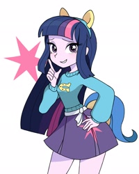 Size: 1642x2048 | Tagged: safe, artist:cheesesauce_45, twilight sparkle, human, equestria girls, g4, clothes, fake tail, grin, hand on hip, lidded eyes, looking at you, pony ears, simple background, skirt, smiling, smiling at you, solo, sweater, white background, wondercolts uniform