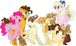 Size: 3175x1936 | Tagged: safe, artist:gallantserver, cheese sandwich, pinkie pie, pound cake, pumpkin cake, oc, oc:cinnamon cream, oc:key lime pie, oc:puff pastry, earth pony, pegasus, pony, unicorn, g4, concave belly, female, male, offspring, older, parent:cheese sandwich, parent:pinkie pie, parents:cheesepie, ship:cheesepie, shipping, simple background, straight, transparent background