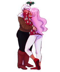 Size: 2000x2366 | Tagged: safe, artist:starsbursts, fluttershy, gilda, human, g4, alternate hairstyle, blushing, boots, christmas, christmas sweater, clothes, commission, dark skin, denim, duo, female, flustered, fur coat, gildashy, hand on face, high res, holiday, holly, holly mistaken for mistletoe, hug, humanized, jacket, jeans, kiss mark, lesbian, lipstick, makeup, pants, shipping, shirt, shoes, simple background, socks, sweater, white background