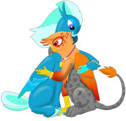 Size: 2320x2232 | Tagged: safe, artist:jack-varus, oc, oc only, oc:ocean squall, oc:pyra, classical hippogriff, griffon, hippogriff, 2024 community collab, derpibooru community collaboration, duo, female, griffon oc, high res, hippogriff oc, holding hands, hug, jewelry, male, simple background, transparent background, wings
