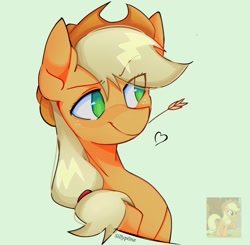 Size: 1564x1535 | Tagged: safe, artist:sillyp0ne, applejack, earth pony, pony, g4, bust, eye clipping through hair, female, heart, mare, portrait, signature, simple background, smiling, solo, straw in mouth