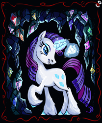 Size: 2500x3000 | Tagged: safe, artist:buttersflutterscotch, rarity, pony, unicorn, g4, colored hooves, female, gem cave, gemstones, glowing, glowing horn, high res, horn, magic, mare, smiling, solo, telekinesis, unshorn fetlocks