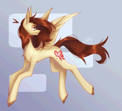 Size: 1411x1280 | Tagged: artist needed, safe, oc, oc only, oc:yuris, pegasus, pony, art trade, concave belly, gradient background, slender, solo, spread wings, tail, tall, thin, trade, windswept tail, wings