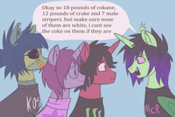 Size: 3050x2050 | Tagged: safe, artist:k0br4, oc, oc:midnight ray, unnamed oc, bat pony, bat pony unicorn, earth pony, hybrid, pony, undead, unicorn, zombie, zombie pony, alternate hair color, alternate hairstyle, bat wings, clothes, cousins, dialogue, drugs, ear fluff, emo, fangs, female, glasses, goth, high, high res, horn, implied drug use, male, mare, master chief and luna hanging out, meme, nonbinary, red eyes, shirt, stallion, stoned, wings
