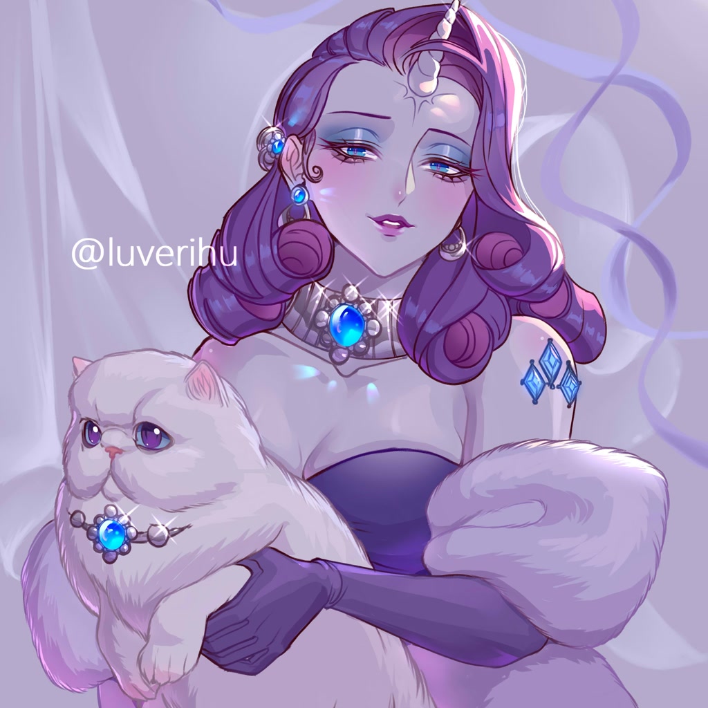 [blushing,breasts,cleavage,clothes,dress,duo,eyeshadow,female,feral,g4,gloves,holding,horn,horned humanization,human,humanized,jewelry,looking at you,makeup,necklace,opalescence,piercing,rarity,safe,ear piercing,fur coat,duo female,lidded eyes,smiling,bare shoulders,smiling at you,long gloves,artist:luverihu]