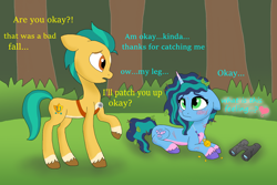 Size: 1660x1108 | Tagged: safe, artist:bluestar386, hitch trailblazer, misty brightdawn, earth pony, pony, unicorn, g5, 2022, alternate hairstyle, binoculars, blushing, dialogue, female, forest, heart, in love, injured, looking at each other, looking at someone, male, mare, nature, old art, ship:mistytrail, shipping, stallion, straight, tree, wavy mane