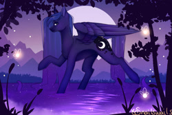 Size: 1095x730 | Tagged: safe, artist:snailswails, princess luna, alicorn, firefly (insect), insect, pony, g4, female, full moon, lake, large wings, mare, moon, night, partially open wings, profile, raised hoof, signature, solo, tree, water, wet, wet mane, wings