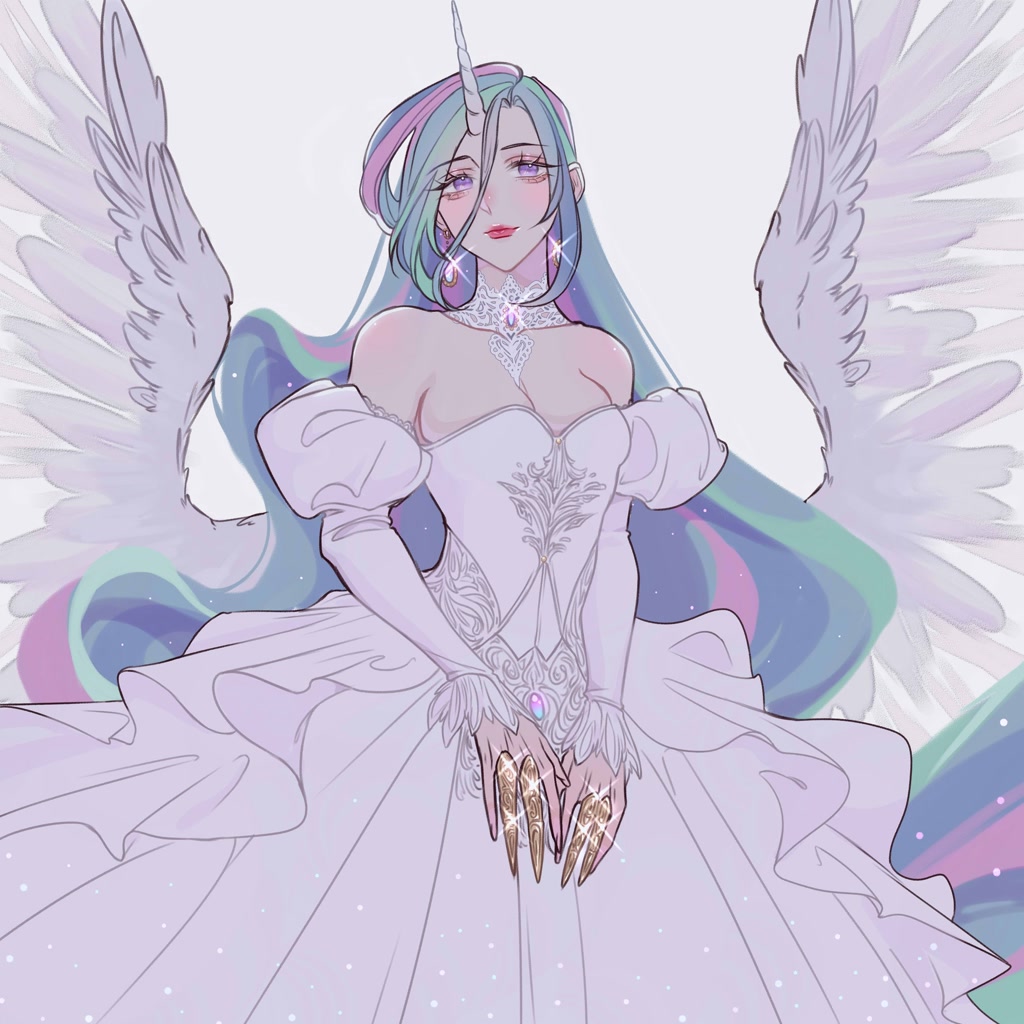 [breasts,cleavage,clothes,dress,earring,female,g4,horn,horned humanization,human,humanized,jewelry,lipstick,looking at you,necklace,piercing,princess celestia,safe,winged humanization,wings,ear piercing,bare shoulders,artist:luverihu]