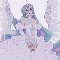 Size: 2048x2048 | Tagged: safe, artist:luverihu, princess celestia, human, g4, bare shoulders, breasts, cleavage, clothes, dress, ear piercing, earring, female, high res, horn, horned humanization, humanized, jewelry, lipstick, looking at you, necklace, piercing, queen celestia, winged humanization, wings