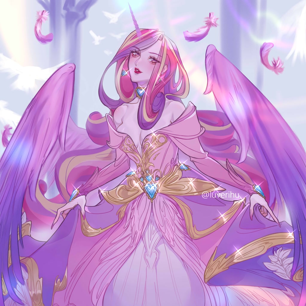 [breasts,cleavage,clothes,dress,earring,feather,female,g4,horn,horned humanization,human,humanized,jewelry,lipstick,looking at you,necklace,piercing,princess cadance,safe,winged humanization,wings,ear piercing,bare shoulders,absolute cleavage,artist:luverihu]