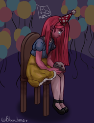 Size: 1140x1488 | Tagged: safe, artist:bloom_beesz, pinkie pie, human, equestria girls, g4, party of one, balloon, crying, hat, humanized, party hat, pinkamena diane pie, sad, sitting, solo