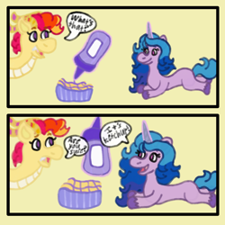 Size: 1200x1200 | Tagged: safe, artist:mintwhistle, izzy moonbow, luxxe, dragon, pony, unicorn, g5, 2 panel comic, colored hooves, comic, confused, conversation, dialogue, dragoness, duo, duo female, fangs, female, food, french fries, glowing, glowing horn, horn, horns, ketchup, lying down, magic, magic aura, mare, medibang paint, missing accessory, missing cutie mark, open mouth, open smile, prone, purple, purple ketchup, sauce, silly, simple background, smiling, speech bubble, sploot, talking, telekinesis, unshorn fetlocks, wat, yellow background