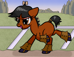 Size: 1300x1000 | Tagged: safe, artist:scandianon, earth pony, pony, female, galloping, hanna barbera, lidded eyes, mare, open mouth, open smile, outdoors, ponified, race track, running, smiling, solo