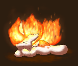 Size: 2372x2000 | Tagged: safe, artist:gosha305, daybreaker, alicorn, pony, g4, crossed hooves, curved horn, cute, cute little fangs, dark background, ear fluff, eyes closed, fangs, female, fire, floppy ears, fluffy, folded wings, hair over one eye, high res, horn, lying down, mane of fire, mare, missing accessory, prone, simple background, sleeping, small wings, smiling, solo, wings