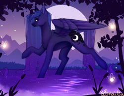 Size: 1095x854 | Tagged: safe, artist:snailswails, princess luna, alicorn, firefly (insect), insect, pony, g4, female, full moon, mare, moon, night, profile, raised hoof, signature, solo, tree, wet, wet mane