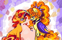 Size: 1352x879 | Tagged: safe, artist:drizzledazzle, adagio dazzle, sunset shimmer, alicorn, bat pony, bat pony alicorn, pony, unicorn, g4, abstract background, adagibat, bat wings, blush lines, blush sticker, blushing, disguise, disguised siren, duo, duo female, equestria girls ponified, female, fin wings, fins, folded wings, gem, grin, heart, horn, lesbian, looking at each other, looking at someone, ponified, ship:sunsagio, shipping, siren gem, sitting, smiling, unibat, unicorn adagio dazzle, wings