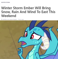 Size: 1083x1097 | Tagged: safe, edit, screencap, princess ember, dragon, g4, triple threat, confused, current events, dragoness, female, no pony, solo, text, the weather channel, winter storm ember