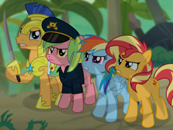 Size: 8382x6324 | Tagged: safe, artist:emeraldblast63, artist:limedazzle, flash sentry, lemon zest, rainbow dash, sunset shimmer, earth pony, pegasus, pony, unicorn, comic:the tale of two sunsets, g4, captain zest, earth pony lemon zest, earth pony sunset shimmer, equestria girls ponified, female, male, mare, missing horn, ponified, stallion, story included