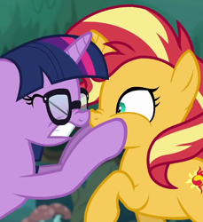 Size: 834x911 | Tagged: safe, screencap, sci-twi, sunset shimmer, twilight sparkle, pony, unicorn, equestria girls, equestria girls specials, g4, my little pony equestria girls: better together, my little pony equestria girls: spring breakdown, all my things are horse things, boop, cropped, duo, equestria girls ponified, eyes closed, female, glasses, gritted teeth, human to pony, mare, nose to nose, noseboop, now kiss, ponified, scrunchy face, shipping fuel, teeth, unicorn sci-twi