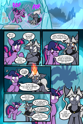 Size: 1567x2351 | Tagged: safe, artist:virmir, twilight sparkle, oc, oc:snowmare doom, oc:virmare, alicorn, unicorn, comic:so you've become a pony villain, g4, castle, comic, dialogue, fire, floppy ears, frozen, glowing, glowing horn, gritted teeth, horn, ice, onomatopoeia, shadow, shivering, shrunken pupils, sound effects, sparkles, speech bubble, sweat, sweatdrop, taunting, teeth, teleportation, twilight sparkle (alicorn)