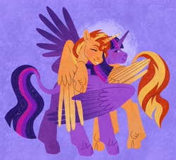 Size: 3607x3269 | Tagged: safe, artist:fizzmitz, sunset shimmer, twilight sparkle, alicorn, pony, g4, alicornified, cloven hooves, female, high res, hug, leonine tail, lesbian, race swap, shimmercorn, ship:sunsetsparkle, shipping, tail, twilight sparkle (alicorn)