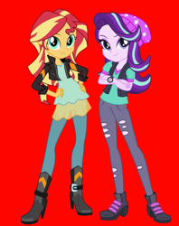 Size: 749x944 | Tagged: safe, artist:rodan00, artist:sugar-loop, edit, editor:josephpatrickbrennan, starlight glimmer, sunset shimmer, human, equestria girls, g4, boots, duo, female, red background, shoes, simple background