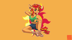 Size: 1920x1080 | Tagged: safe, artist:fizzlesoda2000, sunset shimmer, unicorn, anthro, g4, clothes, denim, denim shorts, desktop background, ear piercing, earring, equestrian stories, jewelry, looking at you, midriff, orange background, piercing, shorts, silva hound, simple background, smiling, solo, song cover, tank top, wallpaper