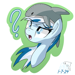 Size: 1950x1950 | Tagged: safe, artist:notadeliciouspotato, oc, oc only, oc:serene dive, earth pony, pony, pony town, bust, confused, female, looking up, mare, plushie, question mark, shark plushie, signature, solo