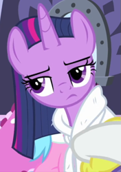 Size: 417x592 | Tagged: safe, screencap, rarity, twilight sparkle, alicorn, pony, unicorn, g4, rarity's biggest fan, spoiler:interseason shorts, alternate hairstyle, clothes, cropped, female, loose hair, mare, robe, solo focus, spa robe, twilight sparkle (alicorn), twilight sparkle is not amused, unamused