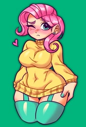 Size: 2068x3049 | Tagged: safe, artist:minky, fluttershy, human, g4, blushing, breasts, busty fluttershy, cleavage, clothes, eye clipping through hair, eyebrows, eyebrows visible through hair, female, green background, heart, high res, humanized, one eye closed, simple background, solo, stupid sexy fluttershy, sweater, sweatershy, wide hips, zettai ryouiki