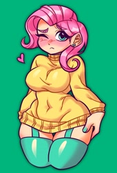 Size: 2068x3049 | Tagged: safe, artist:minky, fluttershy, human, g4, blushing, breasts, busty fluttershy, cleavage, clothes, eye clipping through hair, eyebrows, eyebrows visible through hair, female, garter belt, green background, heart, high res, humanized, one eye closed, simple background, socks, solo, stockings, stupid sexy fluttershy, sweater, sweatershy, thigh highs, wide hips, zettai ryouiki