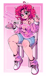 Size: 1930x3191 | Tagged: safe, artist:l4zy_4le, pinkie pie, human, g4, birthday, breasts, busty pinkie pie, cake, chair, cleavage, eating, female, food, happy birthday, high res, humanized, sitting, solo