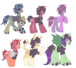 Size: 2680x2384 | Tagged: safe, artist:k0br4, oc, oc:comet shine, oc:midnight ray, unnamed oc, bat pony, bat pony unicorn, donkey, earth pony, hybrid, pony, undead, unicorn, zombie, zombie pony, alternate hair color, alternate hairstyle, bat wings, blood, clothes, cousins, emo, glasses, goth, high res, hoof polish, horn, ms paint, shirt, simple background, sweater, unshorn fetlocks, white background, wings
