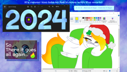 Size: 2560x1440 | Tagged: safe, artist:firepit_home, artist:skysorbett, fluttershy, oc, oc:firepit home, pegasus, pony, 2024, abstract background, christmas, clover, colored sketch, couch, ear piercing, earring, eyelashes, female, happy new year, happy new year 2024, hat, holiday, jewelry, looking sideways, lying down, mare, microsoft, microsoft windows, ms paint, pegasus oc, piercing, santa hat, sketch, solo, text, wallpaper, webcore, windows 10, wings