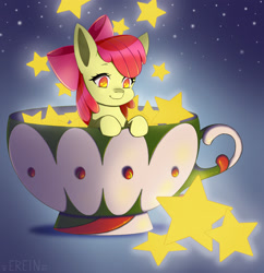 Size: 1920x1980 | Tagged: safe, artist:erein, apple bloom, earth pony, pony, g4, bow, christmas, clothes, commission, cup, cute, ears up, female, filly, foal, hair bow, holiday, night, shining, shiny, smiling, snow, snowfall, solo, stars, teacup
