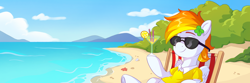 Size: 3000x1000 | Tagged: safe, alternate version, artist:skysorbett, oc, oc only, oc:firepit home, pegasus, pony, beach, beach chair, chair, clothes, cloud, colored eyebrows, commission, drinking straw, ear piercing, earring, food, glass, herbivore, hill, jewelry, lemon, lying down, ocean, on back, pegasus oc, piercing, plant, sand, shell, solo, sunglasses, water, wings