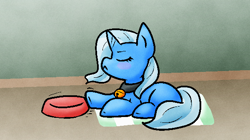 Size: 600x335 | Tagged: safe, artist:zutcha, trixie, pony, unicorn, g4, :<, behaving like a cat, bell, bell collar, collar, eyes closed, female, frown, lying down, mare, missing cutie mark, pet bowl, pony pet, prone, solo