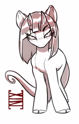 Size: 2622x4096 | Tagged: safe, artist:opalacorn, oc, oc only, demon, demon pony, pony, cloven hooves, commission, eyebrows, eyebrows visible through hair, female, horns, looking at you, mare, monochrome, narrowed eyes, simple background, solo, white background