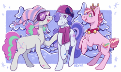 Size: 2345x1411 | Tagged: safe, artist:beyhr, chilly breezes, velvet bow, winter wish, earth pony, pony, g3, antlers, bell, bell collar, chest fluff, clothes, collar, eyes closed, female, goggles, hat, jingle bells, mare, open mouth, open smile, pine tree, rearing, reindeer antlers, scarf, simple background, smiling, snow, tree, trio, white background