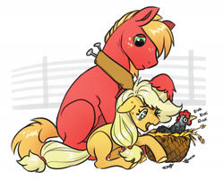 Size: 1800x1447 | Tagged: safe, artist:opalacorn, applejack, big macintosh, bird, chicken, earth pony, pony, g4, blank flank, brother and sister, colt, colt big macintosh, duo, duo male and female, female, filly, filly applejack, floppy ears, foal, hoof on head, male, nest, siblings, simple background, teary eyes, white background, younger