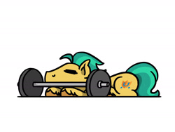 Size: 1800x1350 | Tagged: safe, artist:flutterluv, hitch trailblazer, earth pony, pony, g5, barbell, eyes closed, lying down, male, ponified animal photo, prone, simple background, solo, stallion, unshorn fetlocks, weights, white background