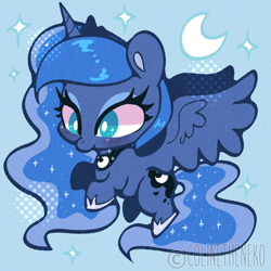 Size: 600x600 | Tagged: safe, artist:colinetheneko, princess luna, alicorn, pony, g4, chibi, crescent moon, cute, female, flying, lunabetes, mare, moon, solo, spread wings, wings