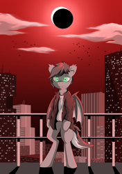 Size: 1200x1700 | Tagged: safe, artist:hovawant, oc, oc only, oc:hovawant, bat pony, pony, bipedal, building, city, cloud, eclipse, moon, railing, red sky, sky, solo, sun