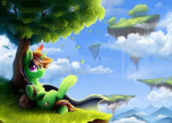 Size: 3500x2500 | Tagged: safe, artist:rainbowfire, oc, oc only, pony, unicorn, bag, cloud, cute, floating island, food, high res, horn, island, jewelry, journey, leaves, looking at you, male, mountain, orange, purple eyes, raincoat, raised hoof, sky, sky background, smiling, solo, stallion, stylus, tree