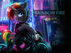 Size: 4000x3000 | Tagged: safe, artist:rainbowfire, oc, oc only, oc:rainbowfire, pony, unicorn, amputee, biker, blue eyes, city, cityscape, clothes, cute, cyberpunk, female, horn, jacket, jewelry, knife, lantern, leather, leather jacket, looking at you, motorbike, motorcycle, multicolored hair, night, prosthetic leg, prosthetic limb, prosthetics, rainbow, rainbow hair, raised hoof, smiling, solo