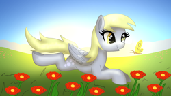 Size: 1920x1080 | Tagged: safe, artist:platinumdrop, derpy hooves, butterfly, g4, flower, lying down, meadow, prone, smiling, solo