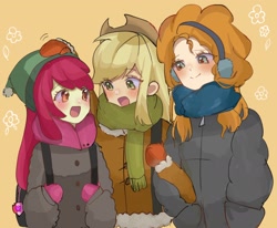 Size: 2048x1689 | Tagged: safe, artist:m09160, apple bloom, applejack, pear butter, human, equestria girls, g4, adorabloom, backpack, beanie, blushing, clothes, cute, earmuffs, equestria girls-ified, female, gloves, hat, jackabetes, mother and child, mother and daughter, open mouth, orange background, pearabetes, scarf, simple background, winter outfit