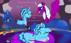 Size: 2160x1316 | Tagged: safe, artist:bluestar386, misty brightdawn, opaline arcana, princess luna, alicorn, pony, unicorn, g4, g5, alternate hairstyle, concave belly, cornrows, crossover, dialogue, dream, dream walker luna, female, mare, sleeping, slender, thin, trio, wavy mane